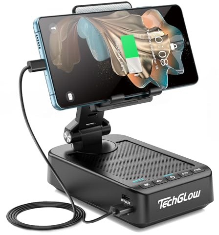 TechGlow 3 in 1 Foldable Cellphone Stand with Bluetooth Speaker, Power Bank & 360° Rotatable Phone Holder for Smartphones & Tablets (4-13), Black, Unisex