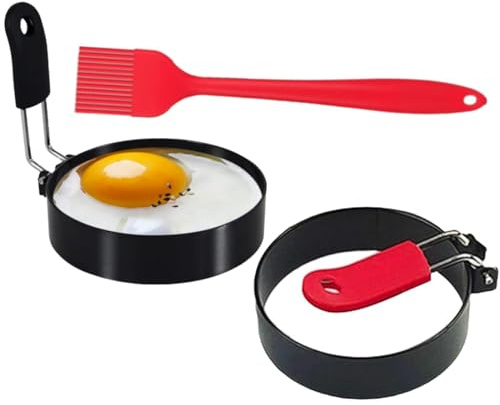 Egg Rings for Frying, 2 Pack Stainless Steel Egg Rings,Fried Egg Ring Egg Circles and an Oil Brush Non Stick Egg Frying Rings with Folding Handles for Pancakes, Egg Shaper Mini Burger