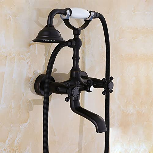 Badewannenarmatur Badewanne Wasserhahn Retro Vintage Stil Messing Wandmontage Zwei Griffe Wannenbatterie Badewannen Armatur Mit Handbrause Badewanne Mischbatterie Duscharmatur, Schwarz