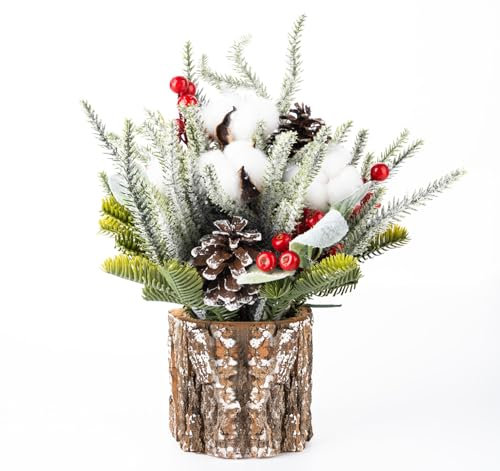 ilauke Christmas Table Centrepiece, Mini Potted Artificial Tabletop Xmas Tree with Pine Cones, Cottons and Red Berries Ornaments, Christmas Table Decorations with Wooden Bases for Xmas Home Decor