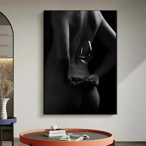 dsdsgog Sexy Nackte Frau mit Weinglas, Gemälde, Wandkunst, Schwarz-Weiß-Kunst, Nackter Körper, Leinwandplakate und Drucke für die Wanddekoration zu Hause, 60 x 80 cm, Ungerahmt