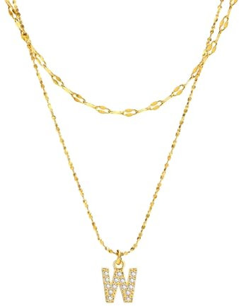 Skcess Damen Kette Gold, Edelstahl Damen Halskette Buchstabe W Mit Zirkonia Halskette Anhänger Damen Schmuck Geschenke Kettenlänge 50 CM
