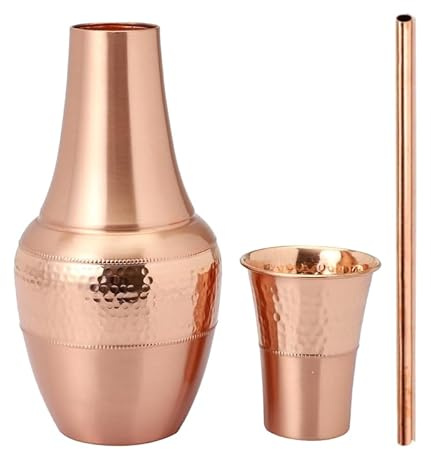 Taluka Nachttisch-Karaffe aus reinem Kupfer, Krug mit Becher und 1 Strohhalm für Trinkwasser, Ayurveda, Yoga, gesundheitliche Vorteile, Kapazität 47,3 l