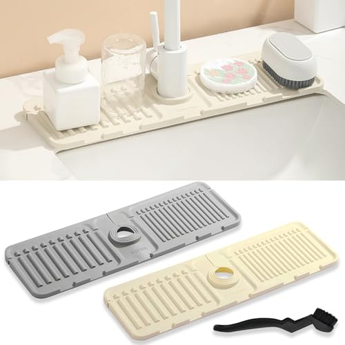 PXBSNB 2 Stück Abtropfmatte Silikon Wasserhahn, Spritzschutz Abtropfmatte Spüle, Klappbare Sink Mat mit Bürsten, Waschbecken Silikonmatte für Küche und Badezimmer Arbeitsplatte Schützen(Grau,Beige)