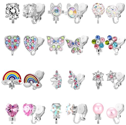 Huiguli 12 Pares Pendientes Clip Niña, Hipoalergenicos Pendientes Clip Orejas, Lindos Unicornios, Tortugas, Arco Iris, Mariposas Pendientes Oreja para Niños Niñas Mujer Regalo, Sin Agujero