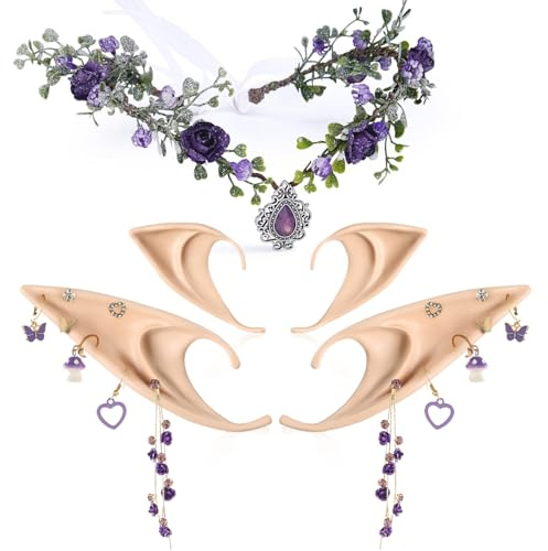MOSTORY Feen Zubehörset für Frauen - Lila Blumen Elfenkrone und Elfenohren mit Piercings, Feenkopfschmuck, Fae Ohrringe Set für Cosplay, Renaissance Zubehör, Renfaire Kostüm Halloween