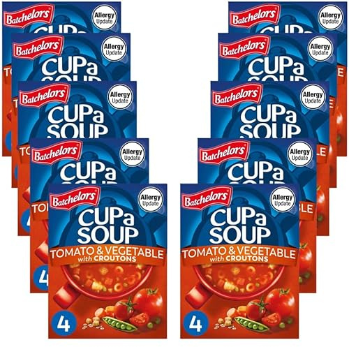 Instant Soup Bundle with Batchelors Cup a Soup Tomato & Vegetable with Croutons (4 Sachets) 104g - 10 Pack | Instant Tomato & Vegetable Soup with Croutons and Noodles, Suitable for Vegetarians.