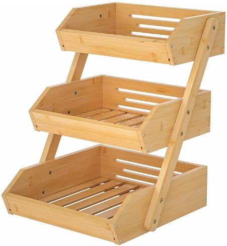 OHMG 3 Niveaux Support de Corbeille à Fruits en Bambou,Support pour Le Rangement des légumes,Fruits,du Pain dans la Cuisine,Naturel,Supports à Panier de Fruits Rangement (3 étages-Bambou, 30*33*41cm)