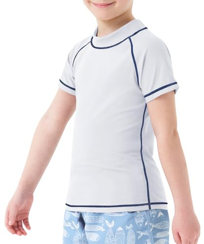 MEETWEE Pojkar simning kortärmad/långärmad tröja barn simning UV t-shirt barn badskjorta rashväst surfing t-shirt snabbtorkande strandskjorta vattensport topp, Vit kortärmad, 10 år