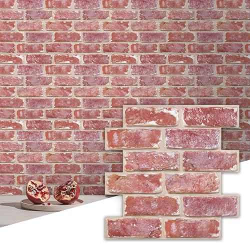 Commomy 3D Faux Brick Wall Panels Self Adhesive Wall Stickers Retro Red | 10 Pcs 11.8 x 11.8 Thin PVC Fake Brick Wallpaper Tiles for Kitchen,Bathroom,Quick DIY Home Wall Decor(9.7 sq.ft)