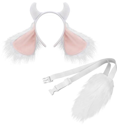 XEPST Set di costumi da capra, orecchie e coda di capra, con corna di ariete, fascia e coda soffice, per costume da animale, cosplay, feste di compleanno, carnevale, Halloween, feste in maschera