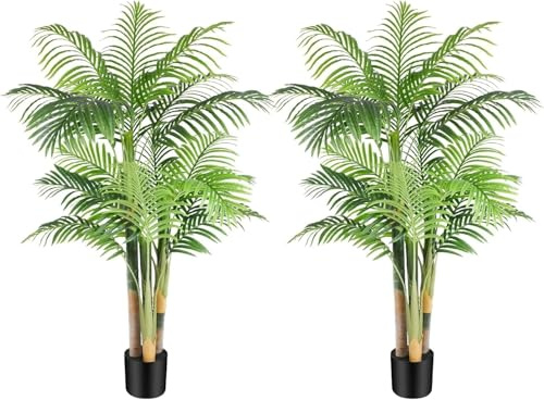 Triple Golden Cane Palm Artificial Tree 4Ft Tall, Large Tropical Palm Tree UV Resistant Fake Plant in Pot for Indoor Outdoor Big House Living Room Outside Patio Office Home Decor (Set of 2)