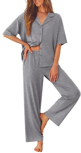 Ekouaer Women Pajamas Set Button Down Sleepwear Short Sleeve Pjs Soft Comfy Nightwear with Long Pants,Dark Grey,L