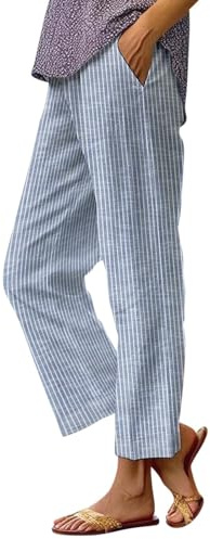 HOOUDO Linen Trousers Womens Petite Wide Leg Summer Loose Palazzo Lounge Pants with Pockets Elastic Waist Wide Leg Boho Trousers Ladies Casual Tracksuit Bottom Joggers