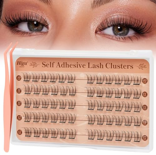 Higu clace Self -Adhesive-Cluster-Lashes Natural Look, Wispy Lash Clusters D Curl Mix 10-12mm, Pre-Glued-Eyelashes No Glue Deeded, Press on Lashes Easy to Use(Volume B)