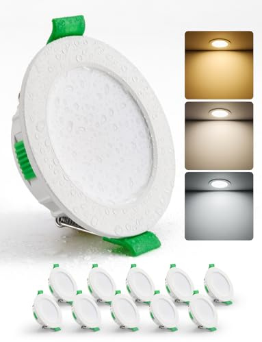 HOMEOW Spot LED Encastrable 55mm - 68mm Trou, 4W Extra Plat Spots de Plafond Salle de Bain, Blanc Chaud 2700K Neutre 4000K Froid 6000K Reglable, IP44 Etanche, Lot de 10