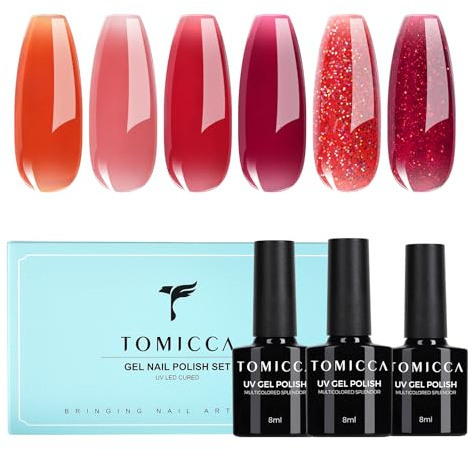 TOMICCA UV nagellack rött set, 6 färger transparent röd vinröd djupröd och glitterröd gel nagellack för blötläggning UV/LED för nagelstudio och gör-det-själv-hem, 8 ml