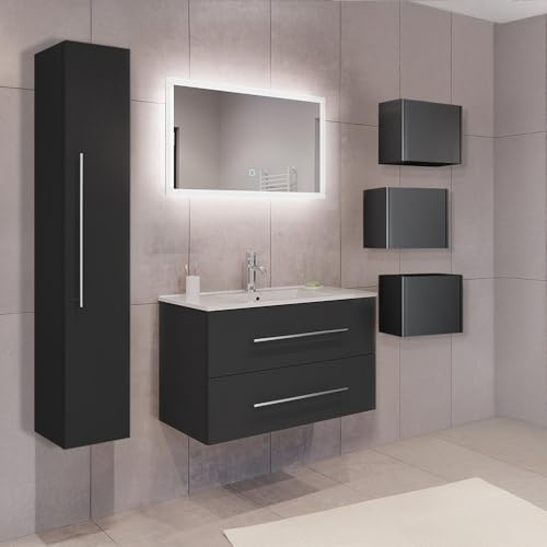 Lomadox Badezimmermöbel Badmöbel Set 6-teilig, Waschtisch Waschplatz 90cm breit mit Waschbecken, Schrank, Hochschrank, Hängeschrank, LED Spiegel, in grau