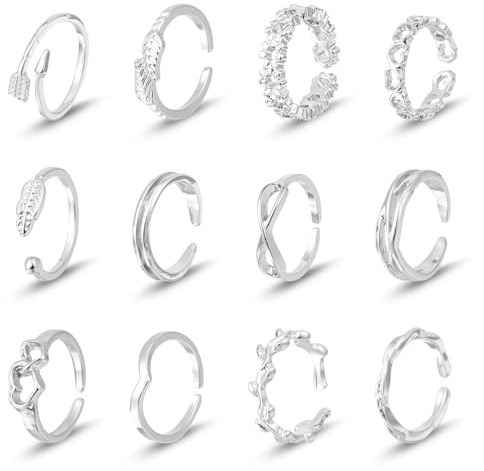 Ouligay 12Pcs Toe Rings for Women Silver Adjustable Toe Rings Set with Open Flower Toe Ring, Copper Crafted, Perfect Summer Beach Jewelry