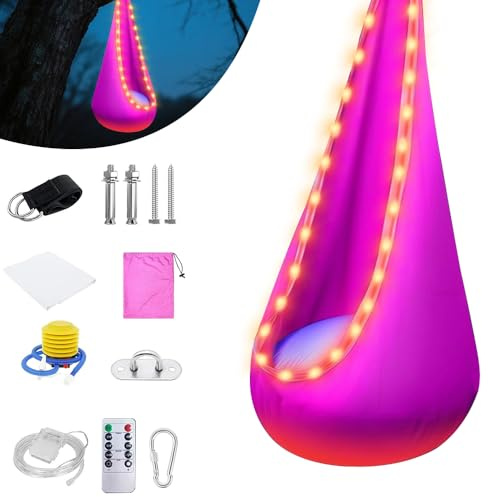 XPJBKC Hängehöhle, Pod Schaukelsitz mit LED&Aufblasbarem Kissen, DIY hängesitz mit Pumpe, Pod Swing Seat, Belastbar bis 80 kg - 70x150 cm (Pink)