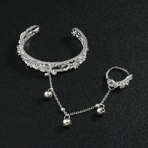 Bracciale da Donna in Argento Placcato 925 con campanella a Farfalla, Catena con Perline da Spiaggia, Anello con campanella