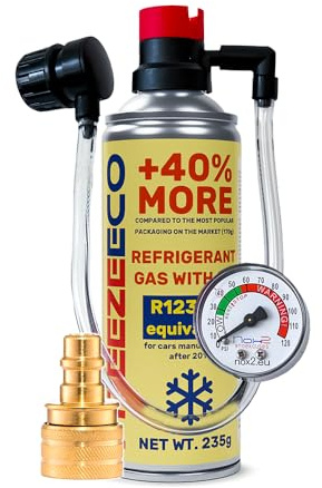 FREEZEECO HOBBY, sustituto r1234yf, Sellador, refrigerante para aire acondicionado de automóviles, equivalente a 660 g, 1 lata, 2 en 1, 235g, con Manguera integrada con manómetro y Adaptador
