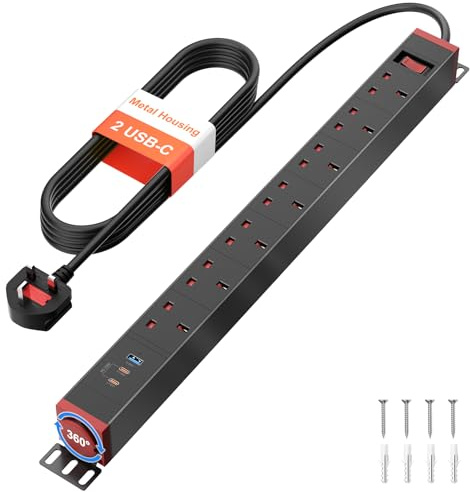 Ohuo 7 Way Extension Lead Power Strip with USB C PD 20W and Surge Protection, 7 Outlet Power Strip with 2 USB C, 360° Swivel Brackets and Metal Housing