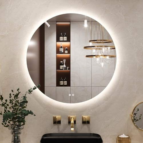Keonjinn Badspiegel mit Beleuchtung Rund 80cm, Badezimmerspiegel mit Beschlagfrei Touch Schalter Speicherfunktion 3 Lichtfarben Dimmbarer LED Bad Spiegel Ohne Rahmen Badezimmer Wandspiegel