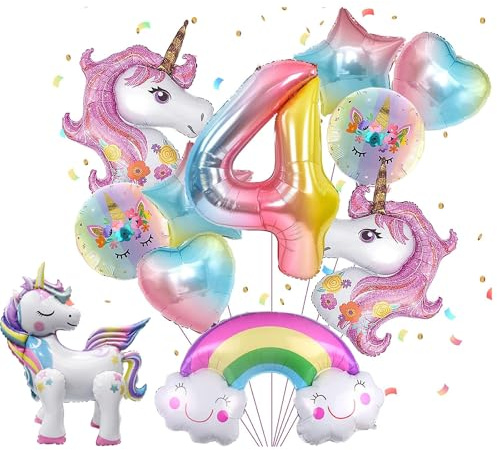 11 Stück Rosa Einhorn-Luftballons Für 4-Jährige Mädchengeburtstage & Kinderfeste, Regenbogen, Stern, Herz, Zahl – Für Einhorn Thema Festival Party