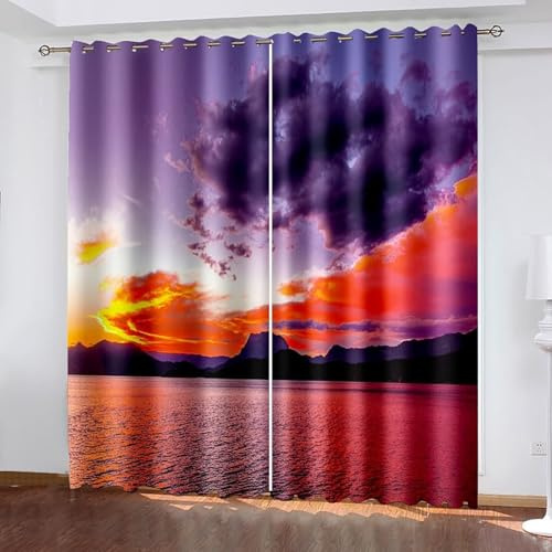 Aotiwe Cortina para ventana vintage, cortinas de oficina, lila, naranja, paisaje de mar y puesta de sol, poliéster, juego de 2 unidades, 204 x 160 cm