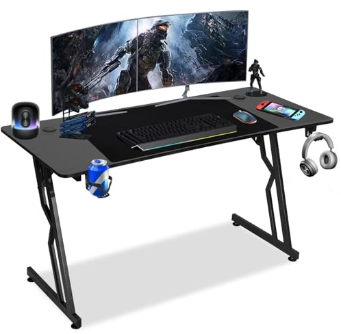 Jaxguom Scrivania Gaming 120 x 60cm, Tavolo Gaming Ergonomica, Postazione Gamer con Superficie in Fibra di Carbonio, Scrivania per Computer con Porta Tazza e Gancio per Cuffie, Nero