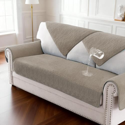 BellaHills Waterproof Sofa Cover 1 2 3 Seater Washable Non-Slip Seat Cushion Covers Flannel Couch Covers for Sectional Sofa, Sofa Slipcovers L Shaped Furniture Protector, 90x180 cm, Khaki