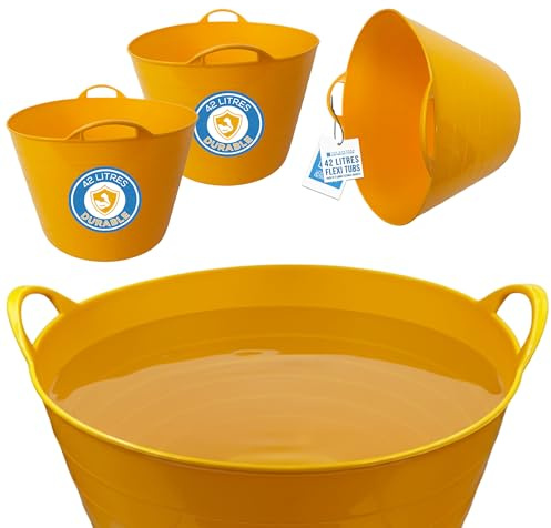 42L Yellow Flexi Tub - Multi-purpose Garden Tubs with Handles - Builders Buckets Heavy Duty - Ideal Plastic Bucket & Flexi Bucket - Durable Flexible Plastic Baskets (PACK OF 2)