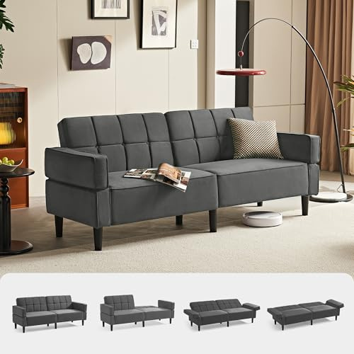 LINSY HOME Sofa mit Schlaffunktion, Klappsofa Sofa 3 Sitzer, Schlafsofa mit Verstellbarer Rückenlehne Armlehnen, 3 Sitzer Sofa mit Bettfunktion aus Samtstoff (Grau)