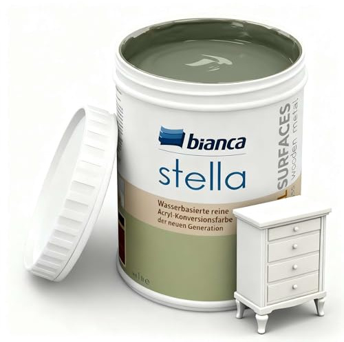 Bianca Stella Möbelfarbe Ohne Schleifen - Wasserbasierter Parfümierter Möbellack für Holz, Küchenschrank, Tisch, Stuhl - Olivgrün, Glänzend, Holzfarbe Innen & Außen, Hochdeckend, Kratzfest, 1L