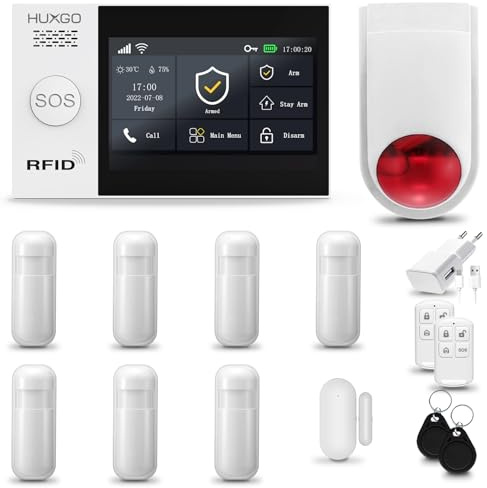 HUXGO® HXA007 Sistema di allarme casa senza fili con radio Sirena esterna WiFi + GSM | Impianto allarme casa kit con 1x sensori di allarme per finestre/portes, 7x rilevatori di movimento