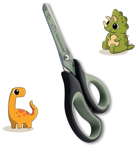 Fackelmann Mini Schere Dino – Hochwertige Edelstahlklinge mit süßem Dino-Design, Antirutsch-Griffe, geeignet für Links- und Rechtshänder, Grün