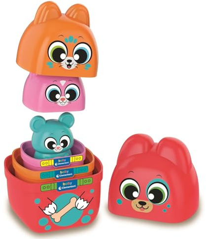 Clementoni Baby Think & Play What's Inside?, Juguete Lógico Apilable y Ocultable para Bebés, Cubos de Actividades con Animales de 3 Niveles de Dificultad, Regalo a Partir de 18 Meses - 17606