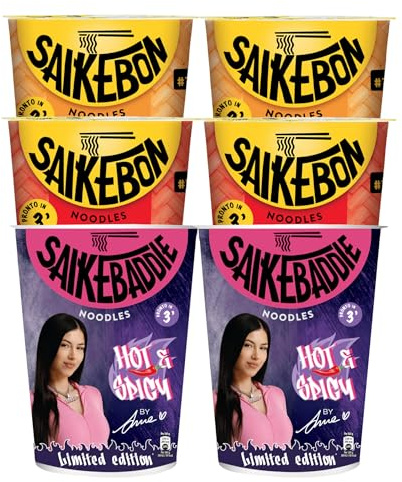 Saikebon Noodles Nudolini Istantanei Orientali Pronti in 3 Minuti Gusti Assortiti da 60g ognuno con 2 Saikebaddie Hot e Spicy Piccante + 2 Confezioni al Manzo + 2 Cup al Pollo - Set da 6