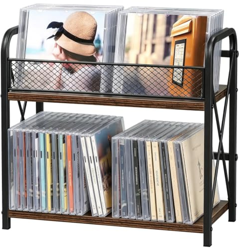 GHIAKQYT CD Ständer 2 Ebenen CD-/DVD Organizer Holz,CD Regal Aufbewahrung | Aufbewahrung CD DVD Regal, Kosmetik Organizer, Für Sammler und Spieler,32x30x15cm,Industrie Stil