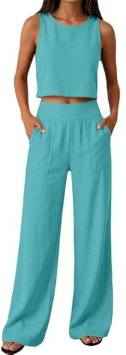 Completo Estivo Donna Lino Tailleur Donna Estiva Senza Maniche Girocollo Tuta Completa Lino e Cotone Completi Estivi Set Casual Relax Corte Top e Pantaloni Estivi da Casa Ideale Per le Vacanza