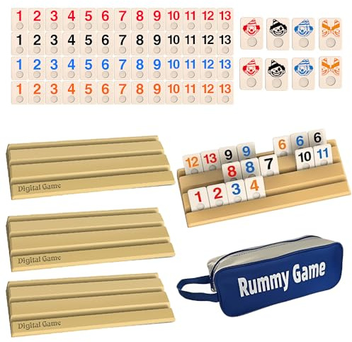 SKIKHN Rummy Spiel, Mini Rummy Set mit 112 Spielsteinen & 4 Stände, Tragbarer Brettspiel für 2-4 Spieler, Interessant Ru-mmy Spiel für Erwachsene