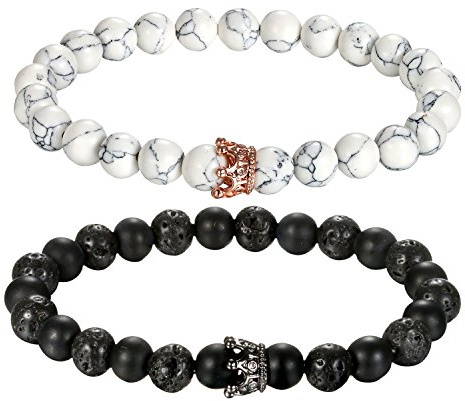 Aroncent 2PCS Buddha Armband Armreif Unisex Lava Armband Kugel Perle Energietherapie Armschmuck Holz Metalllegierung Herren Damen I Buddha-Kopf I Löwenkopf I Totenkopf I Kronen I