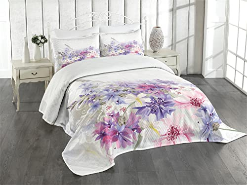 ABAKUHAUS Lavendel Tagesdecke Set, Rosa Lila Blumen, Set mit Kissenbezügen Waschbar, für Doppelbetten 220 x 220 cm,Weiß Lila