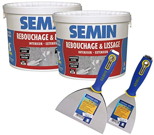 SEMIN Kit Rebouchage & Lissage 2 x 4 kg – Enduit en Pâte Intérieur/Extérieur Spécial Trous & Fissures + Couteaux à Enduire 10 cm & 15 cm – Prêt à l’Emploi – Finition Lisse Professionnelle