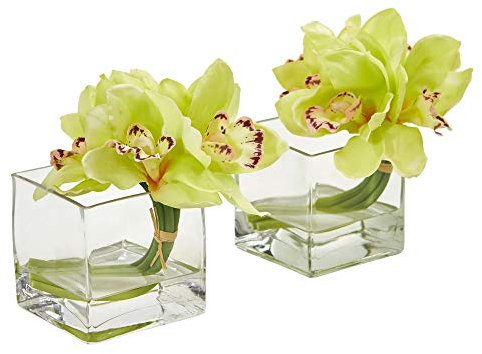 NearlyNatural Cymbidium - Vaso di vetro artificiale a forma di orchidea (set da 2), composizioni in seta, colore: verde
