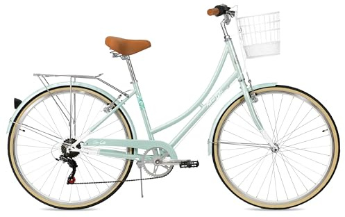 Bicicleta de Ciudad 28 con Cesta, 7V, 45cm, Verde Menta y Cesta