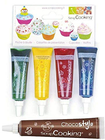 4 colorants alimentaires liquides bleu, rouge, jaune, vert + 1 Stylo chocolat