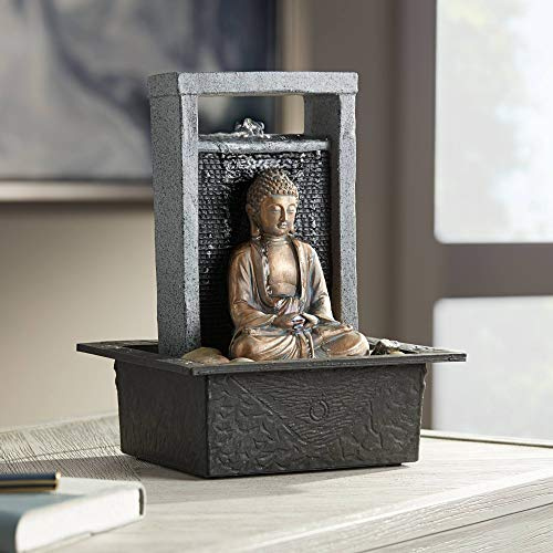 Meditating Buddha 11 High Small Zen Asian Indoor Decor Faux Stone Tabletop Fountain Bubbler Waterfall Water Feature for Desk Relaxation Bedroom Living Room Countertop Inside House - John Timberland