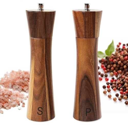 Wooden Salt and Pepper Grinders Set, 8 inch Acacia Wooden Salt and Pepper Mills Shakers Kit Ceramic Rotor with Strong Adjustable Coarseness